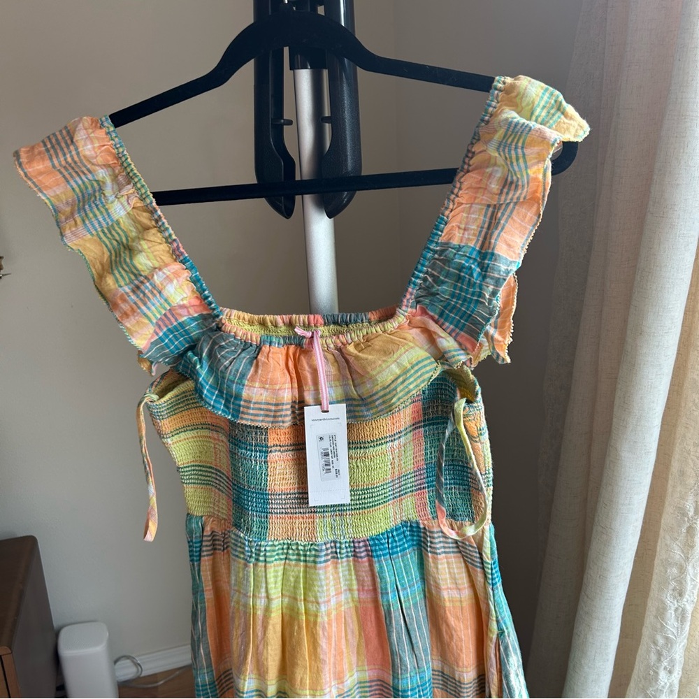 Vineyard Vines Lemon Tart Plaid Smocked Linen Ruffle Midi Dress - Picture 3 of 7